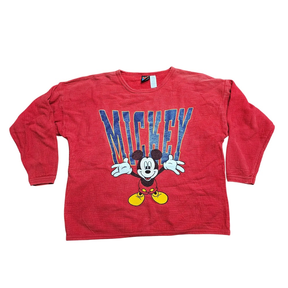 Vintage Mickey Unlimited Red Waffle Knit Sweatshirt Glitter Graphic Ladies L